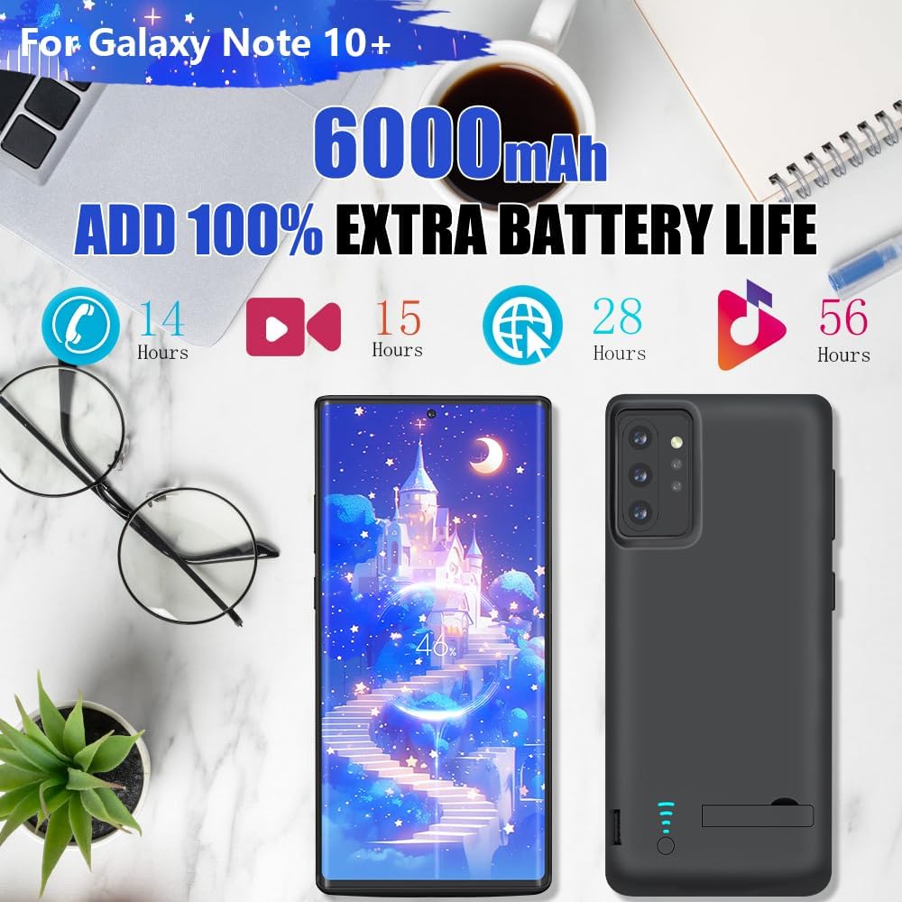 Battery Case for Samsung Galaxy Note 10+ Plus 5G, 6000mAh Rechargeable Extended Battery Charging Charger Case, Add 100% Extra Juice Black