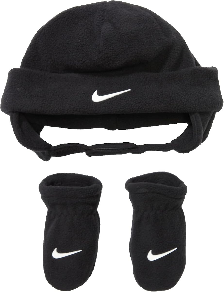 Baby Boy's Swoosh Baby Fleece Cap Gloves Set (Infant/Toddler) Black/White 2T-4T (Toddler)