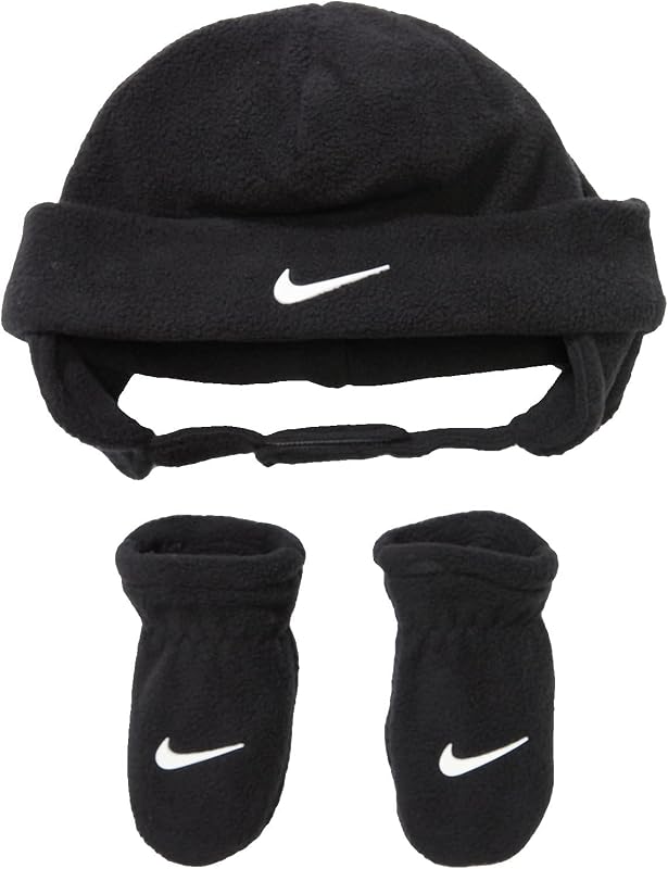 Baby Boy's Swoosh Baby Fleece Cap Gloves Set (Infant/Toddler) Black/White 2T-4T (Toddler)