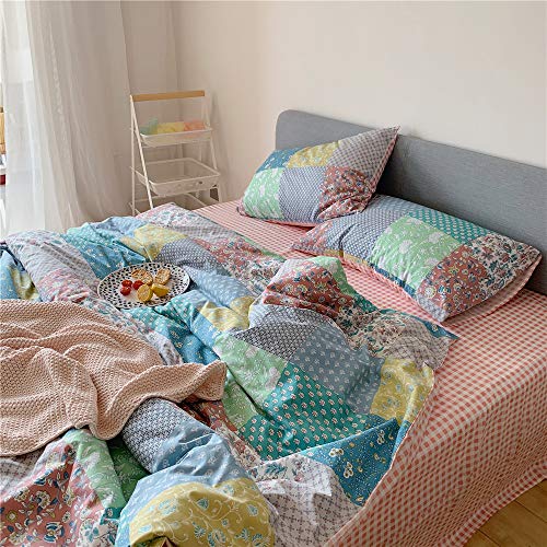 Mixinni Country Style Duvet Cover Queen Size Patchwork Pattern Soft Cotton Floral Print Full Bedding Set 1 Duvet Cover With Zipper Ties 2 Matching Pillowcases,Easy Care, Quality Soft Breathable #TOP1