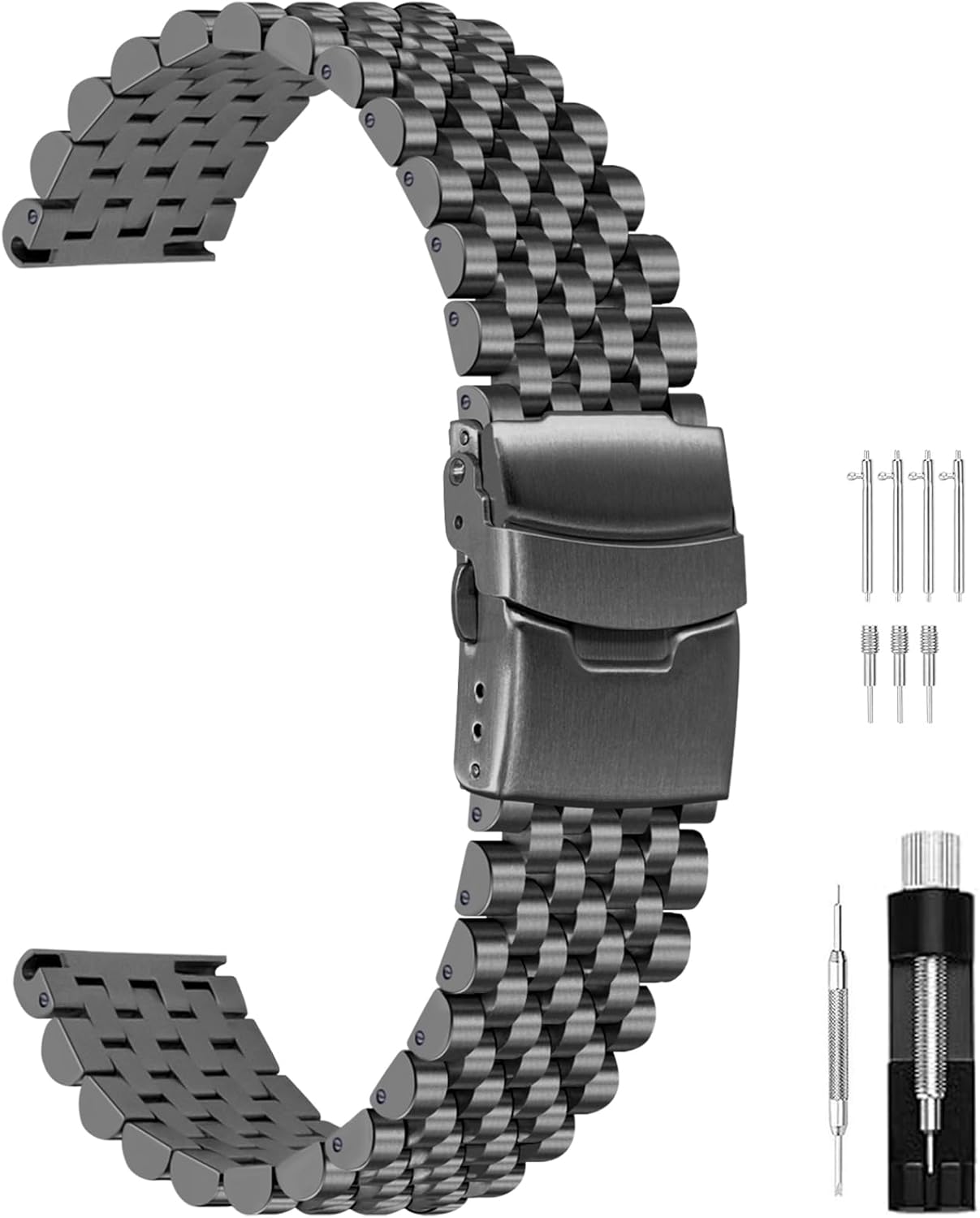 Juntan Stainless Steel Watch Band 20mm 22mm, 7 Half Beads Polished Brushed Watch Bands for Men Women, Metal Quick Release Watch Strap Watch Bracelet with Deployment Double Folding Buckle