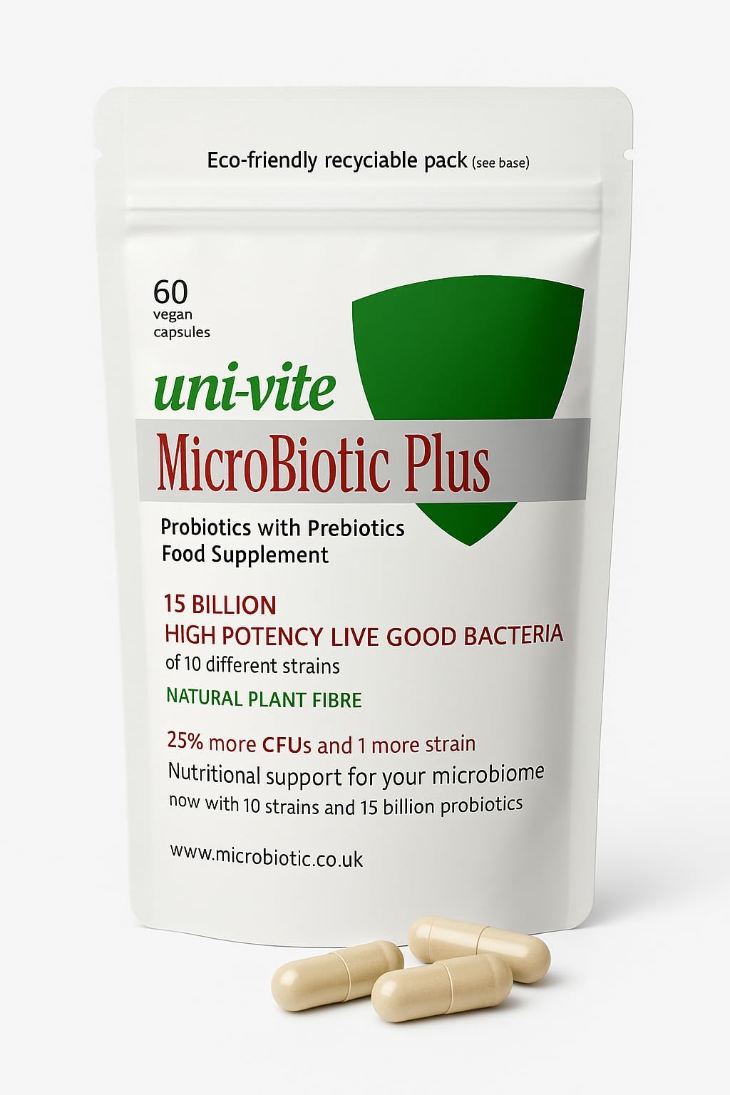 Uni-Vite MicroBiotic Plus 15 Billion Probiotics of 10 Strains (Including L.Acidophilus, Bacillus Coagulans) with Prebiotics โ for IBS, Bloating and All Gut Issues. 60 Vegan Capsules per Pack.