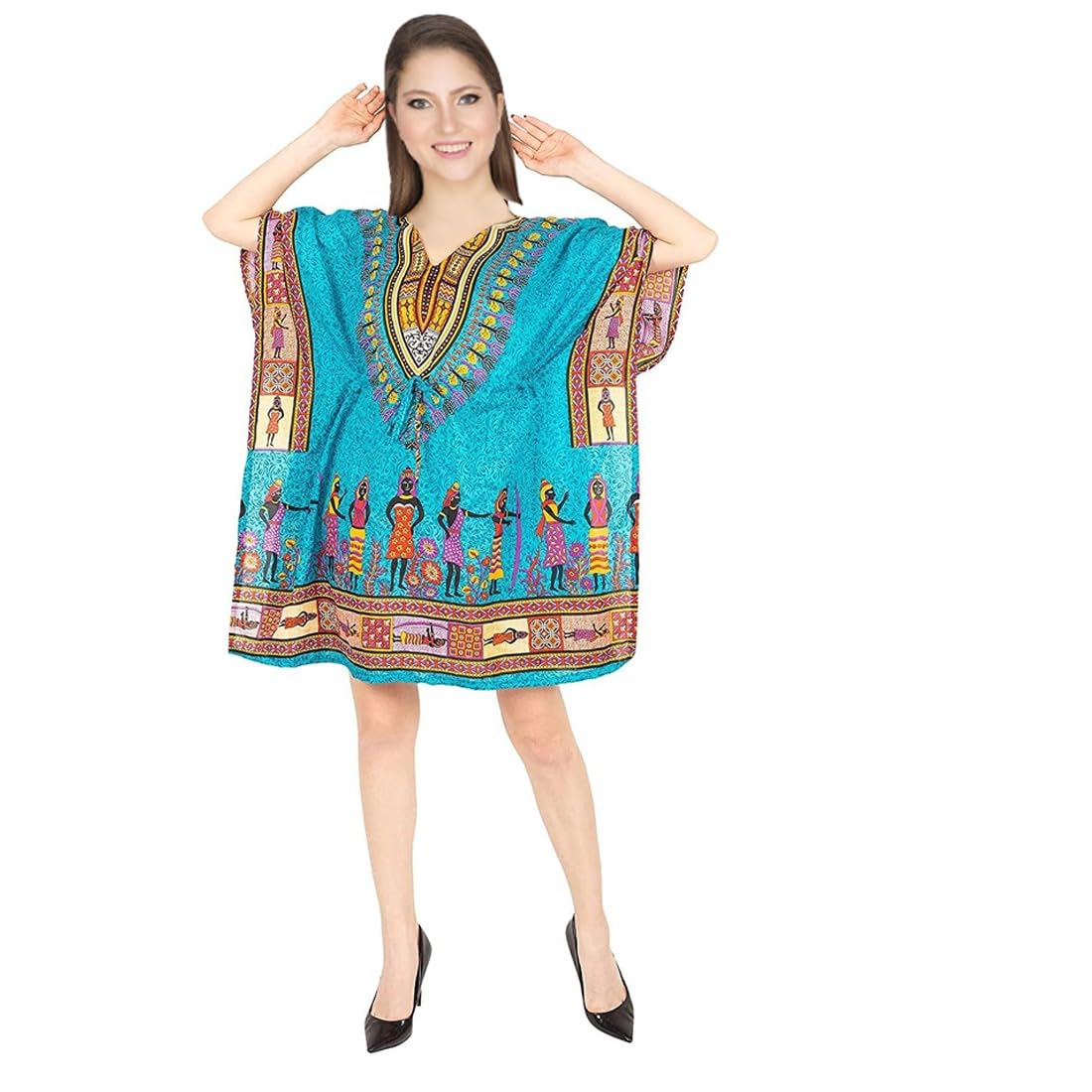 cigain African Print Dashiki Short Caftan Dress Nightwear Beach Cover Up Kimono Style for Any Occasion I Free Size I Short Top for Women (Teal)-picture-11