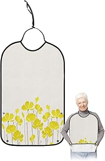 Kewadony Adult Bibs for Elderly Women - Yellow Flower Waterproof Dining Clothing Protectors with Crumb Catcher for Eating/Feeding, Spring Floral Watercolor Burlap Texture Terry Cloth Bib Washable