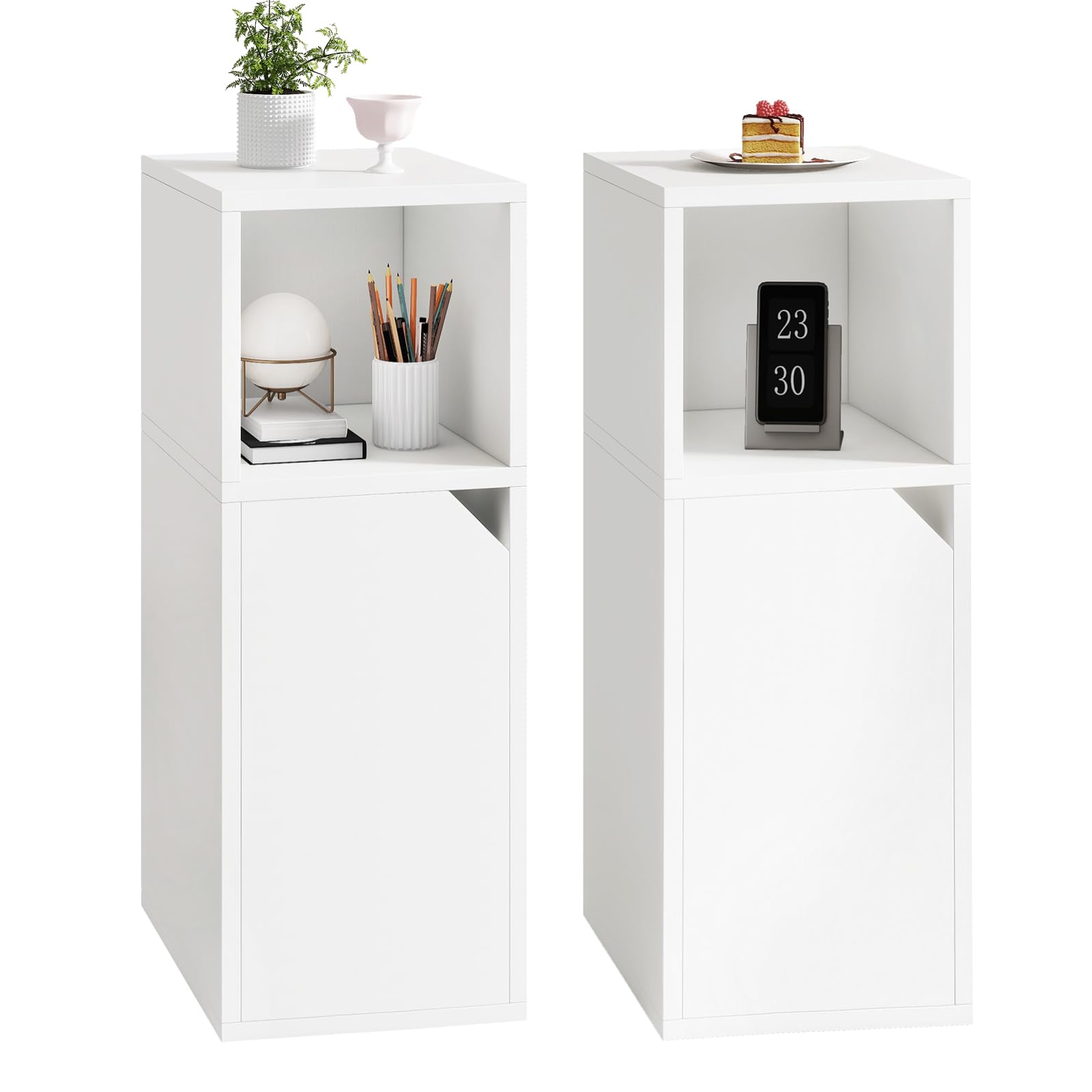 YMYNY Lot de Tables de Chevet Étroite, Table d'appoint, Compartiment Ouvert, Porte à Angle Biseauté, Plateau Réglable, L24 x P29 x H62 cm, en Bois, pour Chambre, Salon, Blanc HST016W-2