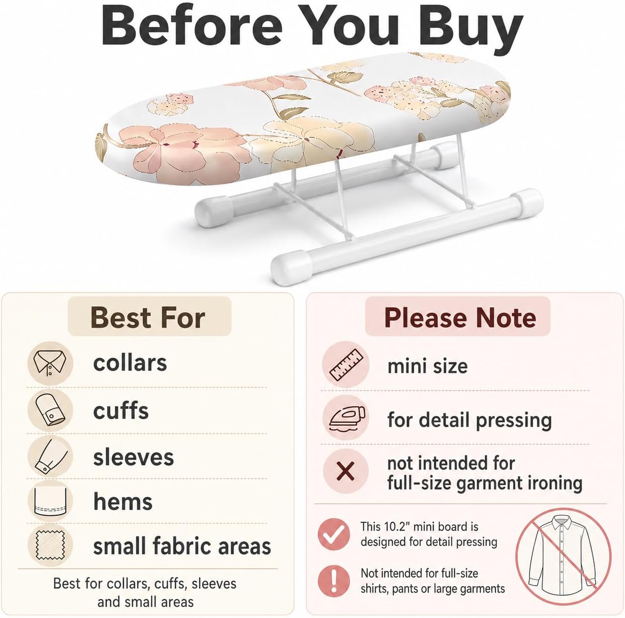 10.2 Inch Mini Ironing Board for Sleeves, Collars and Cuffs | Foldable tabletop pressing board for hems, tight corners, sewing and crafts; includes cover; not for
