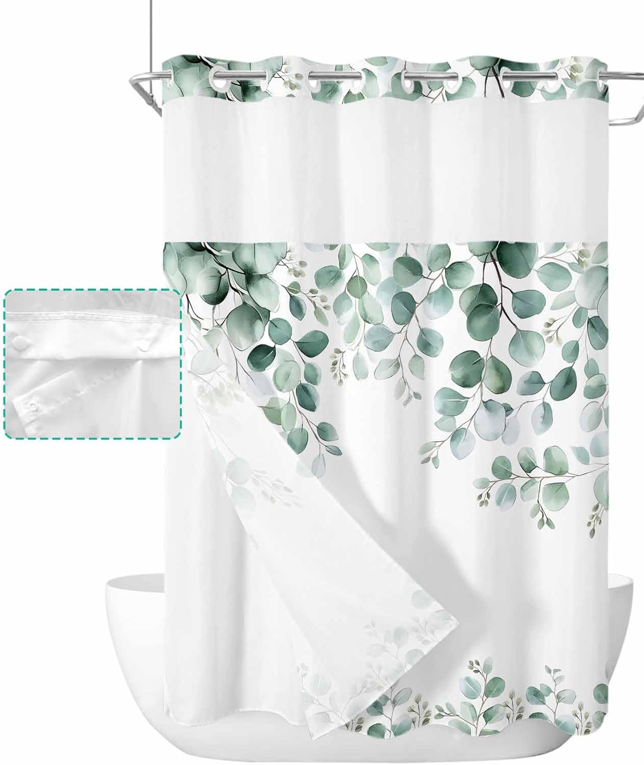 Green Leaves No Hook Shower Curtain and Liner Set,Spring Watercolor Eucalyptus Leaf Waterproof Bath Curtain with See Through Mesh Top Window,Plant on White Bathroom Shower Curtains,72x84inch