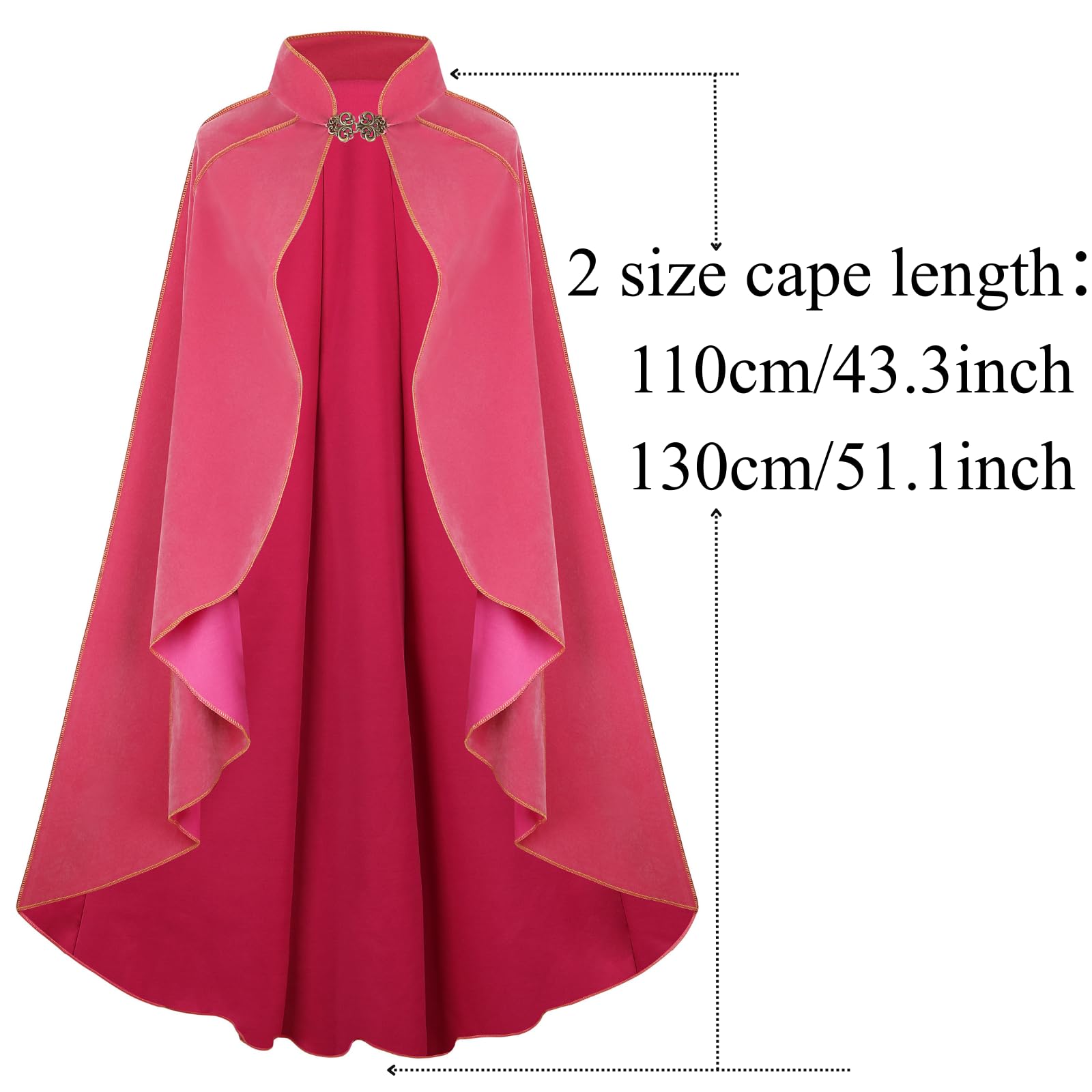RRCBMD Womens Medieval Cloak Renaissance Victorian Deluxe Stand Collar Velvet Gold Trim Pink Cape for Adult Halloween Cosplay Dress Up 43.3Inch - Image 3