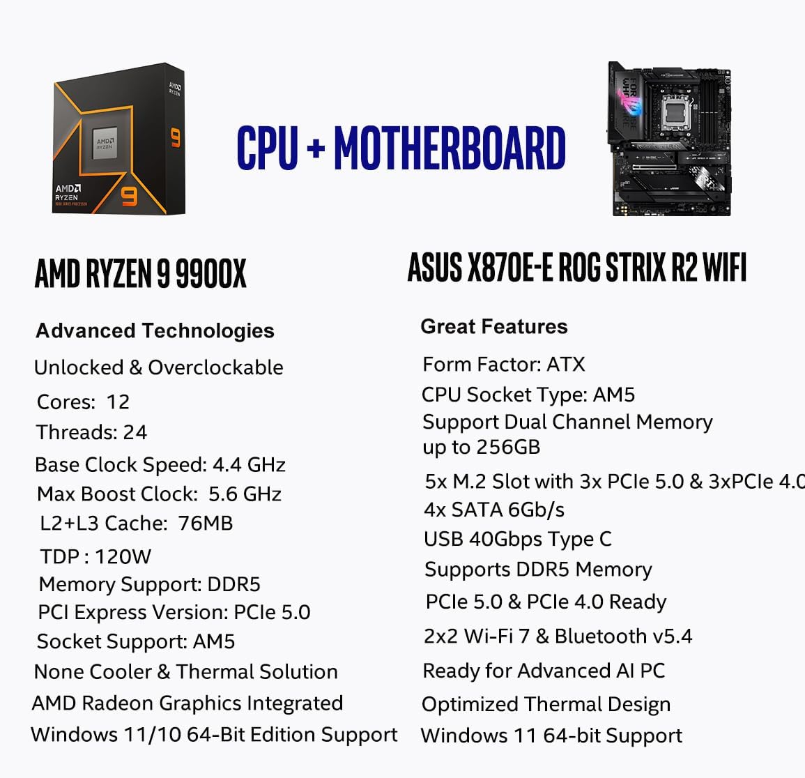 MICRO CENTER AMD Ryzen 9 9900X CPU Processor with ASUS ROG Strix X870E-E R2 Gaming WiFi ATX Motherboard (WiFi 7, 5X M.2, PCIe 5.0, USB4 Type-C)