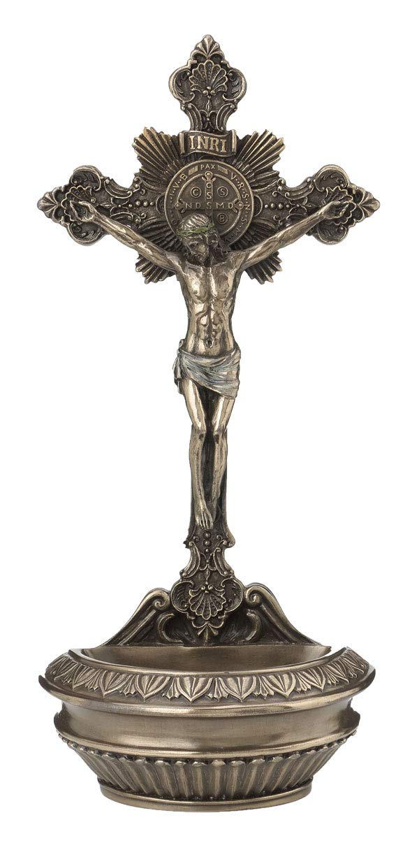 CatholicStore 9.5" St. Benedict Crucifix Holy Water Font, Cold Cast Bronze Resin, Stands or Hangs