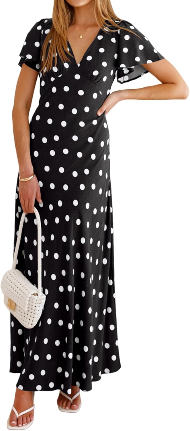 Women Summer Maxi Long Cocktail Polka Dot V Neck Flutter Sleeve Casual Dress