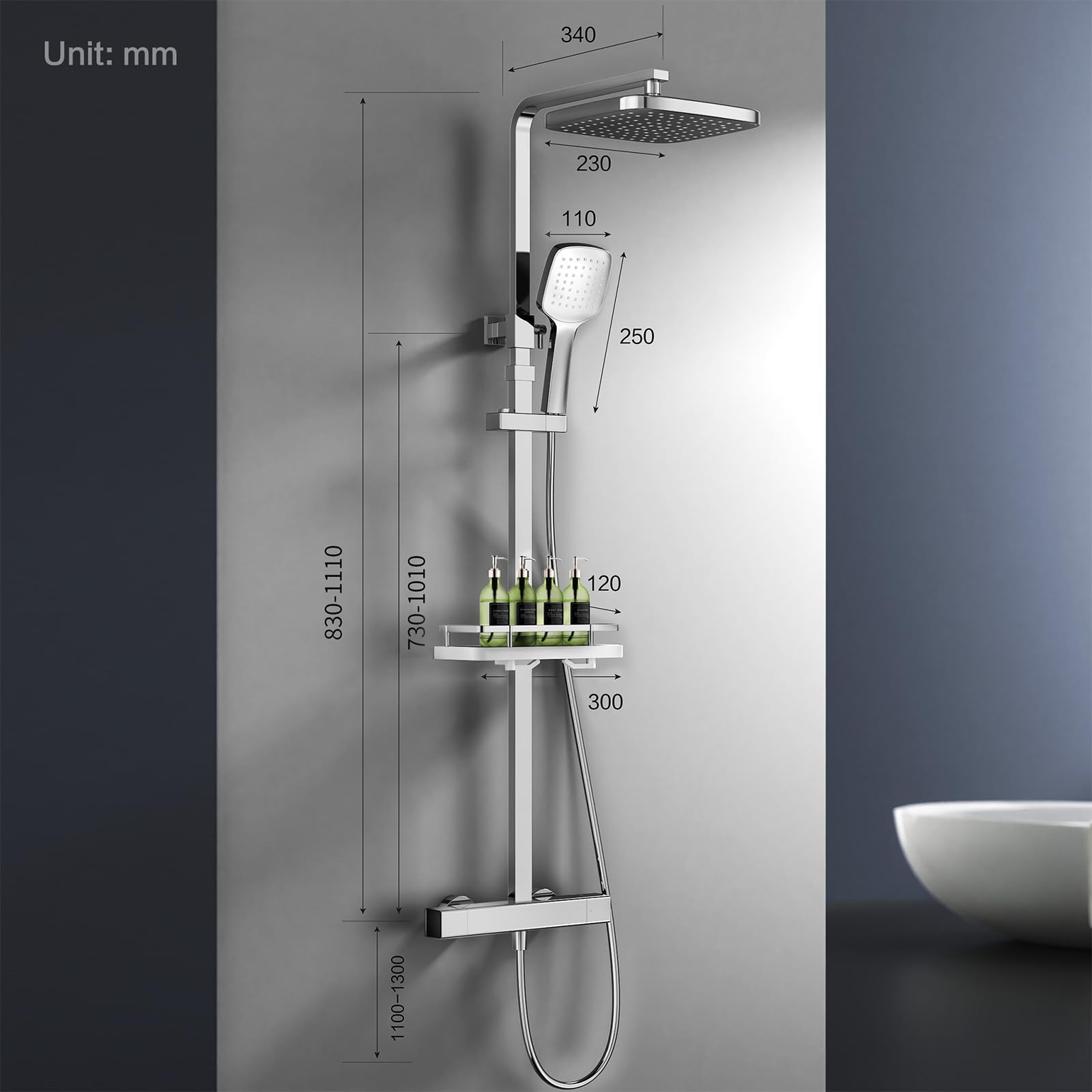 HOMELODY Sistema de ducha con termostato y estante de ducha cromado, juego completo con ducha de mano y alcachofa – Altura regulable, bloqueo de seguridad de 38 °C, montaje en pared para baño moderno