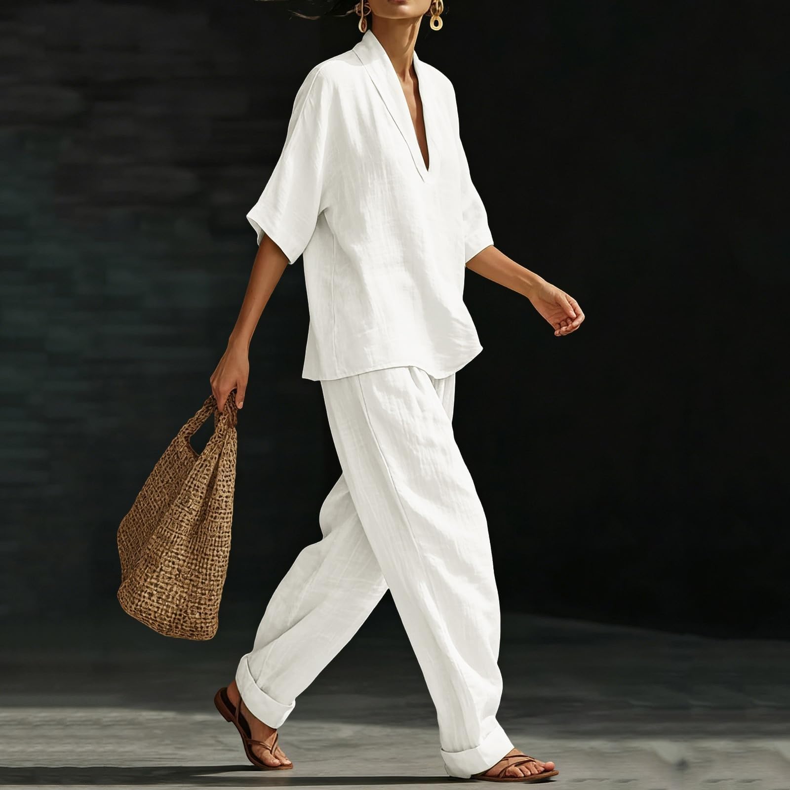 Co Ord Ensembles 2 pièces pour femme - Tenue de voyage à l'aéroport - Chemise à manches mi-longues et col en V - Pantalon ample à jambes larges avec poches - En coton et lin - Vêtements de vacances
