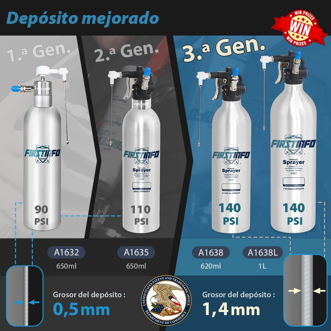 FIRSTINFO A1638L | Pulverizador recargable de aluminio 1 L | Envase vacío tipo aerosol | Presión máxima 140 PSI | Con boquilla de doble vía | Herramienta para mantenimiento y lubricación