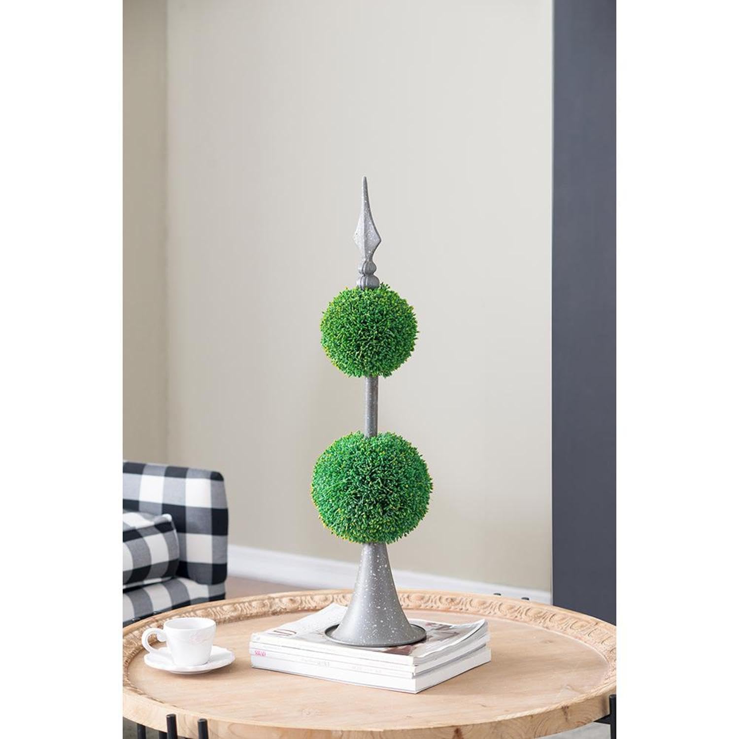 T2 CONCEPT 26” Tall Artificial Two Tiered Boxwood Topiary on Artistic Metal Spire, Faux Greenery, Home Decor Botanical Accent, for Living Room, Entryway, Porch