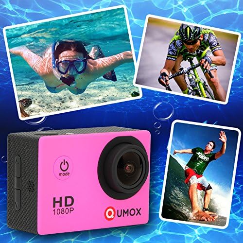 QUMOX SJ4000 Action Camera accessories including various mounts, cables, and waterproof case parts