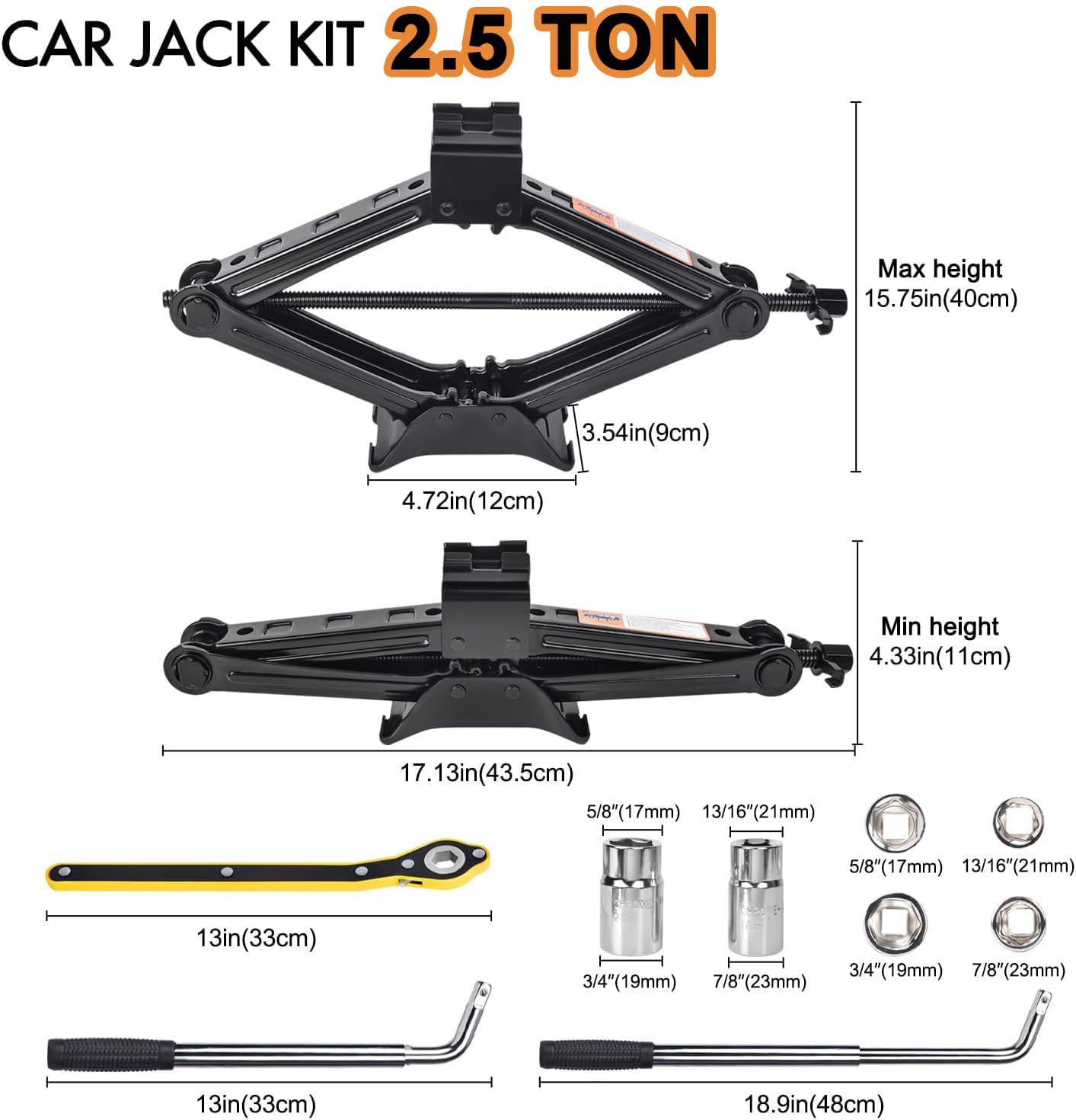 Gato Hidráulico 2500 kg (110-420 mm) con Llave de Tuercas + Llave de Carraca + Bolsa, Placa Acero Reforzada, para Coche, SUV, MPV | Estabilidad & Portabilidad
