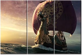 TUMOVO 3 Panel Wall Art - Dawn Ship Sea Navigation Pictures Modern Wall Decor Canvas Artwork Wraps Giclee Prints Stretched and Framed Ready to Hang Posters and Prints(60" Wx40 H)