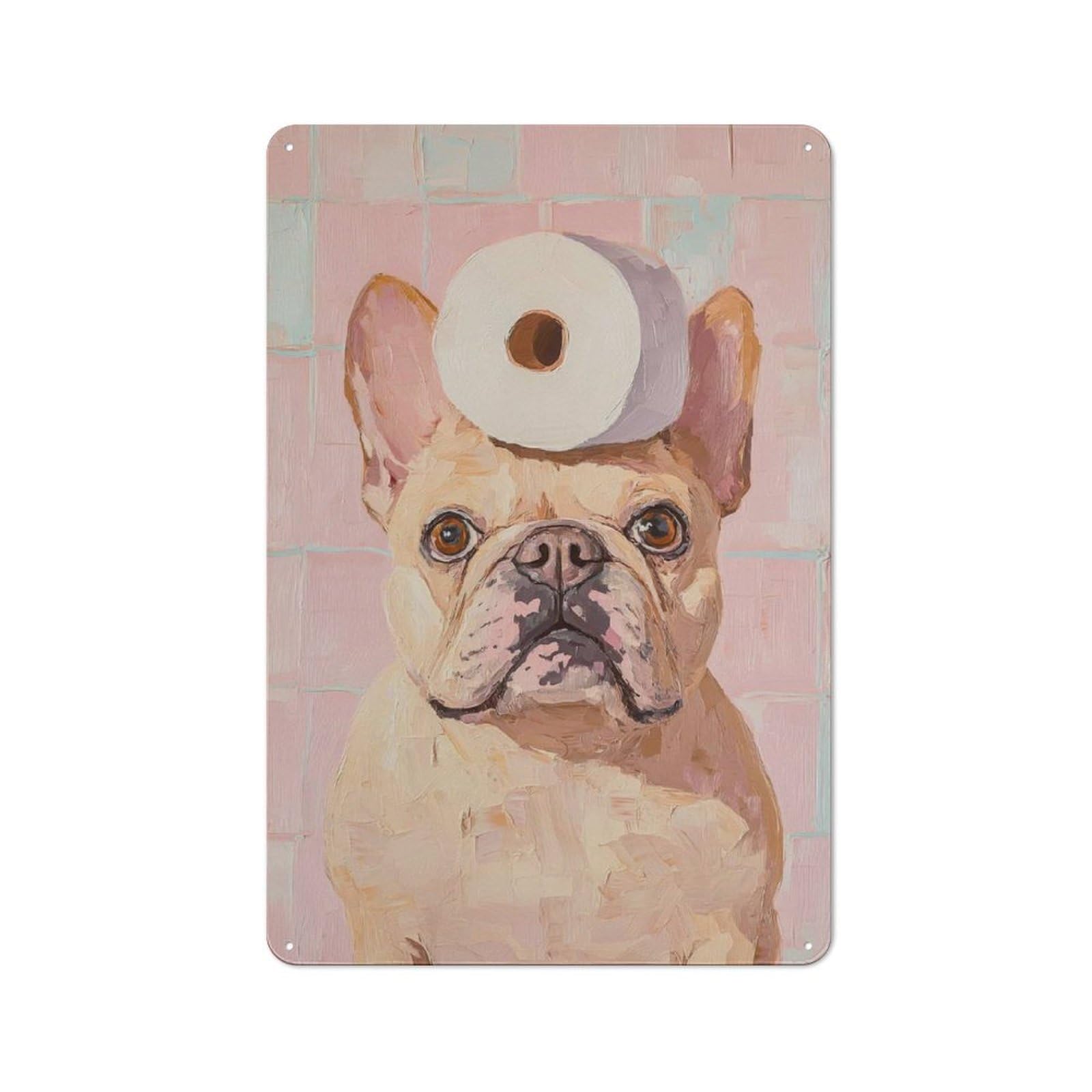 Junmoney French Bulldog With Toilet Paper Rustic Metal Plaque 30X20cm For Lounge Or Reading Corner, For Home Office, Studio And Craft Room Walls