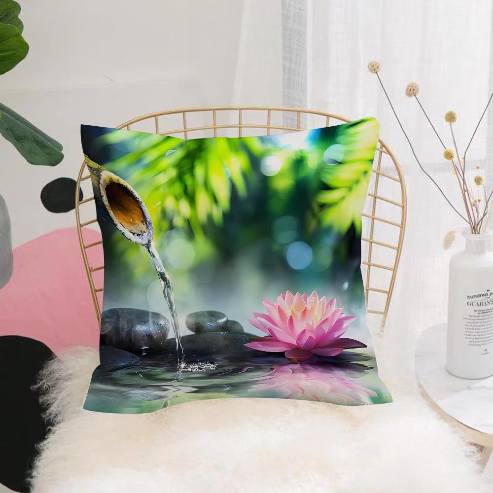 HYMSXW Cushion Cover,Throw Pillow Case Home Decorative for Living Room Bedroom Sofa Chair 20X20 Inch,zen garden with black stones and pink waterlily,Pillowcase 50X50cm