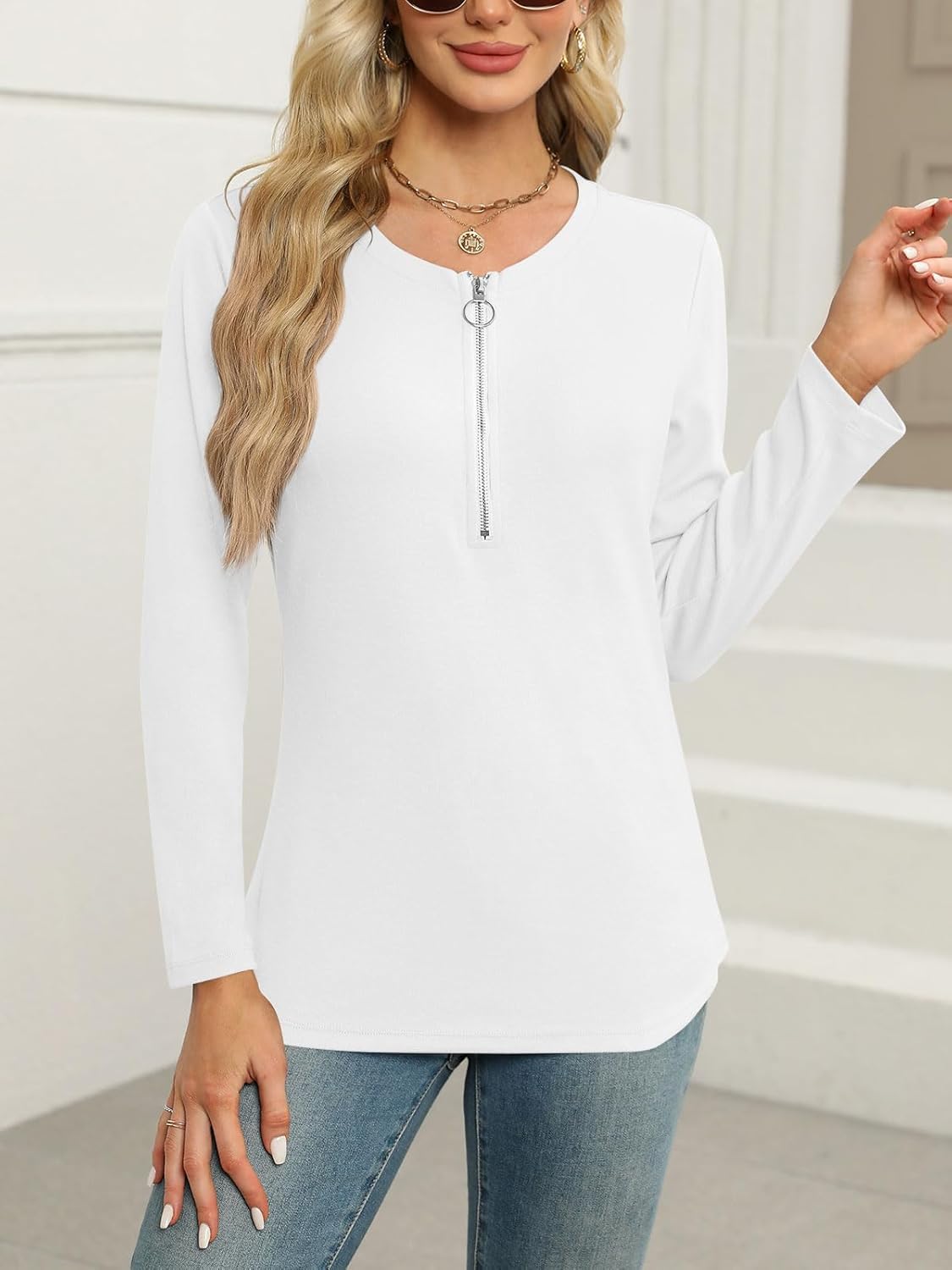Women's Long Sleeve Shirts Zipper Color Block V Neck Tunic Tops Casual Blouse - Image 2