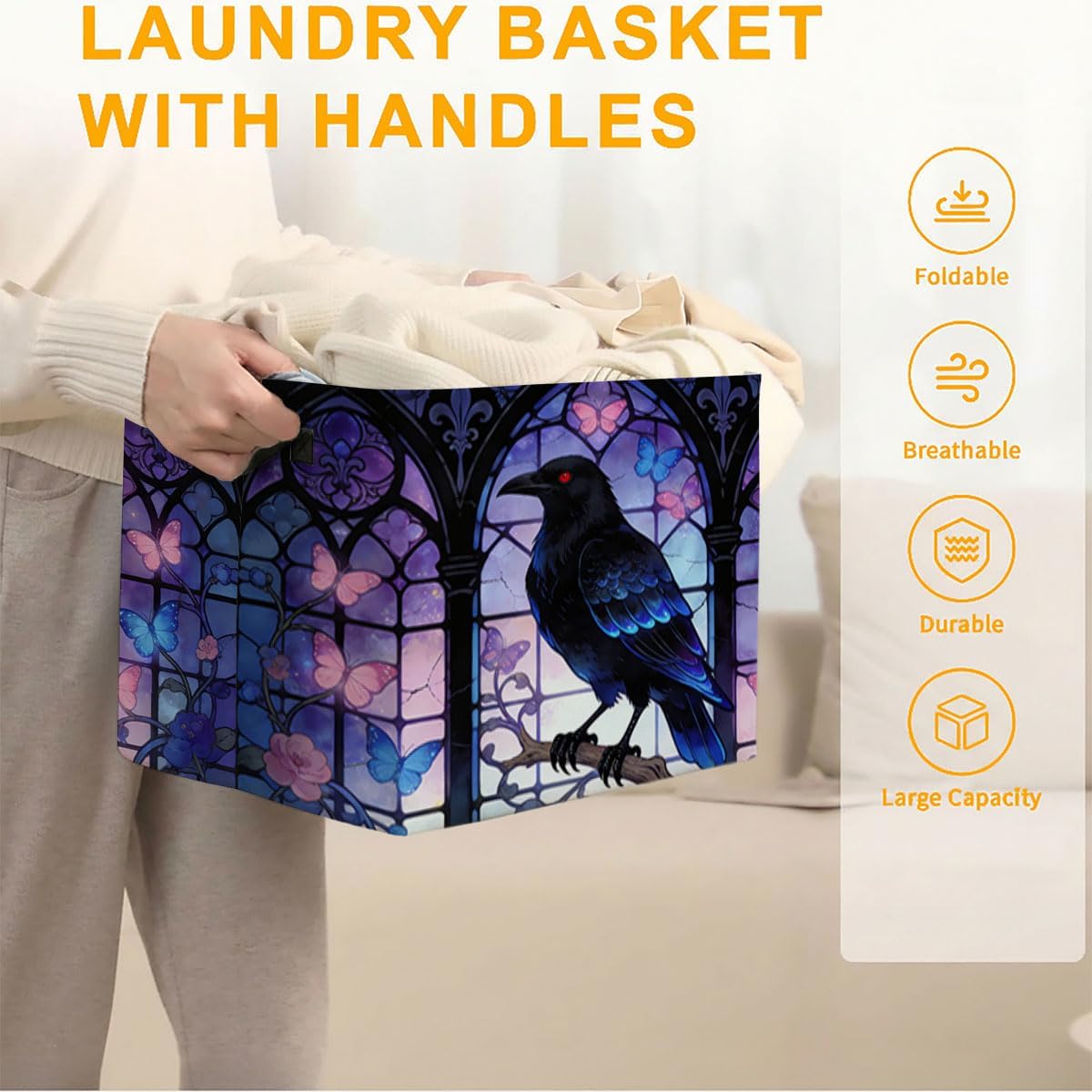 56L Gothic Crow Foldable Square Laundry Hamper with Handles – Large Clothes, Blanket & Toy Storage Basket for Home Organization.