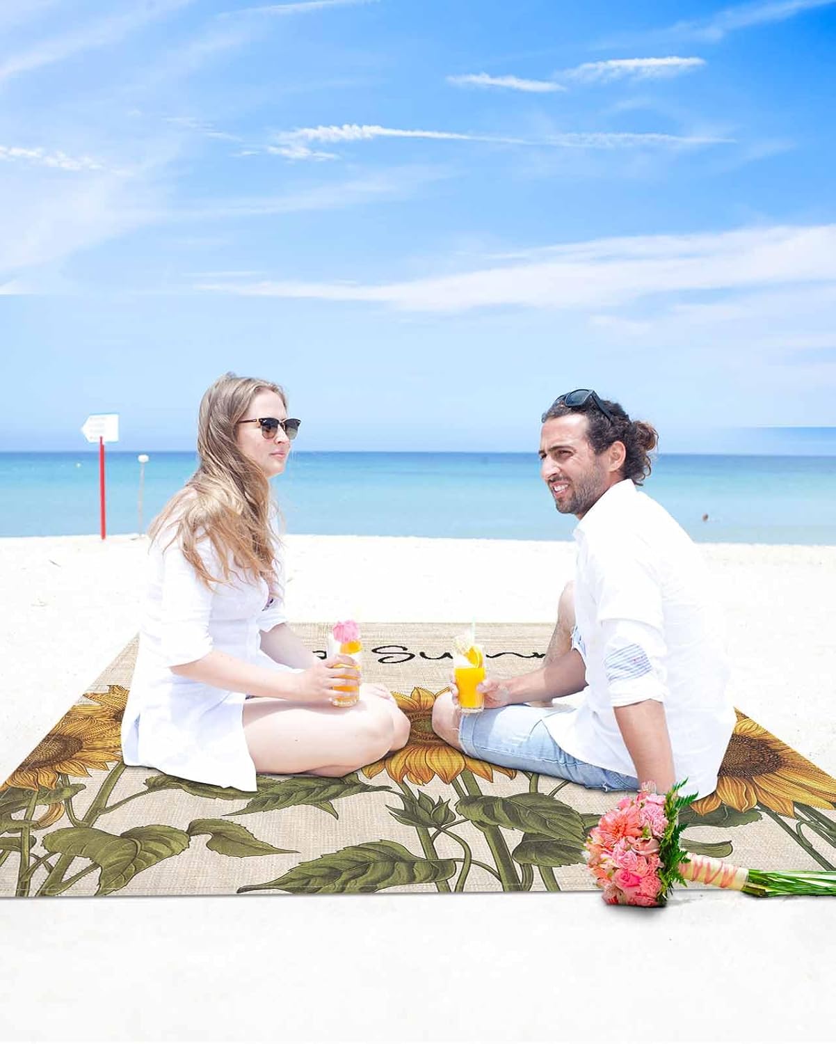 Hello Summer Blossom Sunflower Beach Blanket Waterproof Sandproof Outdoor Picnic Mat 83"x79" Retro Floral Green Leaves on Linen Lightweight Large Beach Blankets with 4 Stake & 4 Corner Pockets