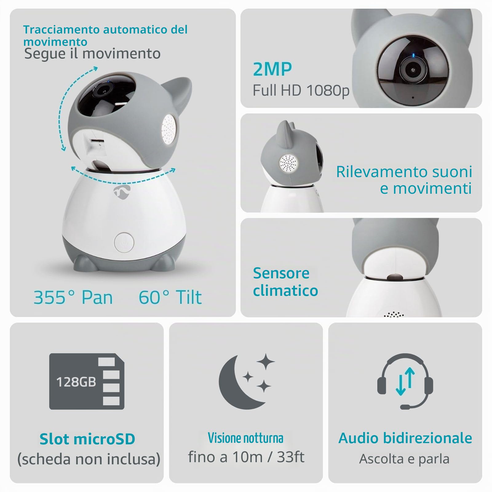 Telecamera interna SmartLife - Wi-Fi - Full HD 1080p - Controllo Pan-tilt PTZ - Cloud Storage (opzionale) / microSD (non inclusa) - Con sensore di movimento - Visione notturna - Bianco/Grigio