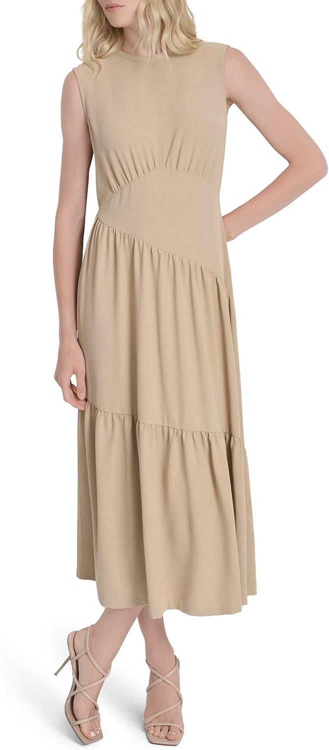 DKNY Women's Sleeveless Jewel Neck Asymmetrical Seams Midi Dress