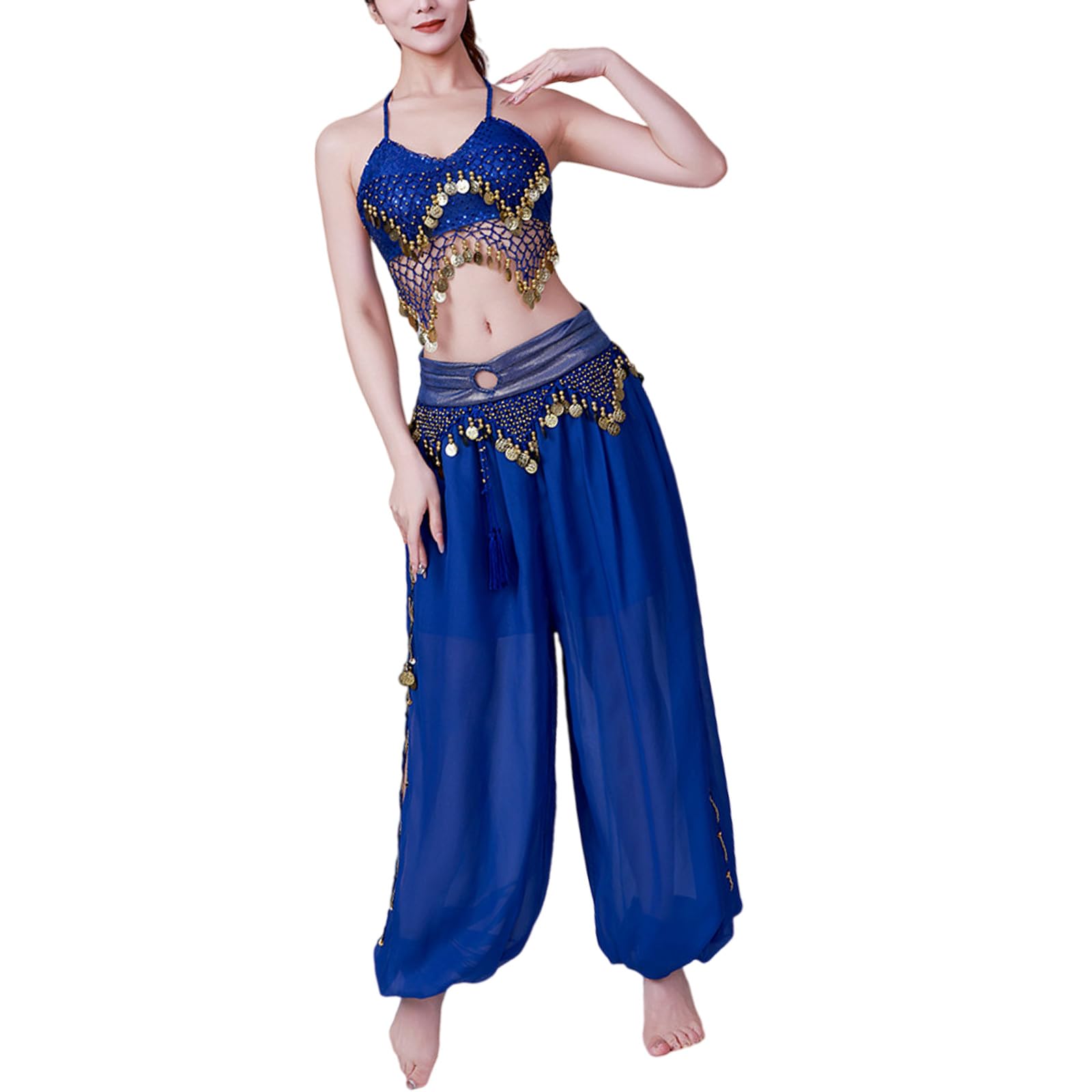 Set di 2 costumi da danza del ventre da donna, reggiseno a moneta, top harem, pantaloni, costumi da palcoscenico per Halloween, set di costumi