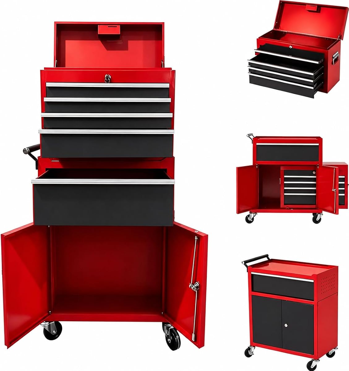 Heavy Duty 5 Drawer Tool Chest, Rolling Tool Box Cabinet on Wheels, 2-in-1 Detachable Metal Tool Storage Organizer for Garage and Workshop, Locking Steel Tool Cart with Portable Top Tool Box,Black&Red
