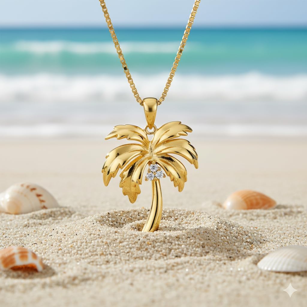 925 Sterling Silver Coconut Palm Tree Pendant with Cubic Zirconia Gemstone and 18" Box Chain, Nickel Free Hypoallergenic for Sensitive Skin, Hawaiian Jewelry for Women, Gift Box Included - Image 2