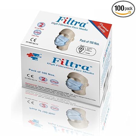 FILTRA 3-Ply Ear Loop Surgical Mask BFE>99% (Pack of 100 Nos.)