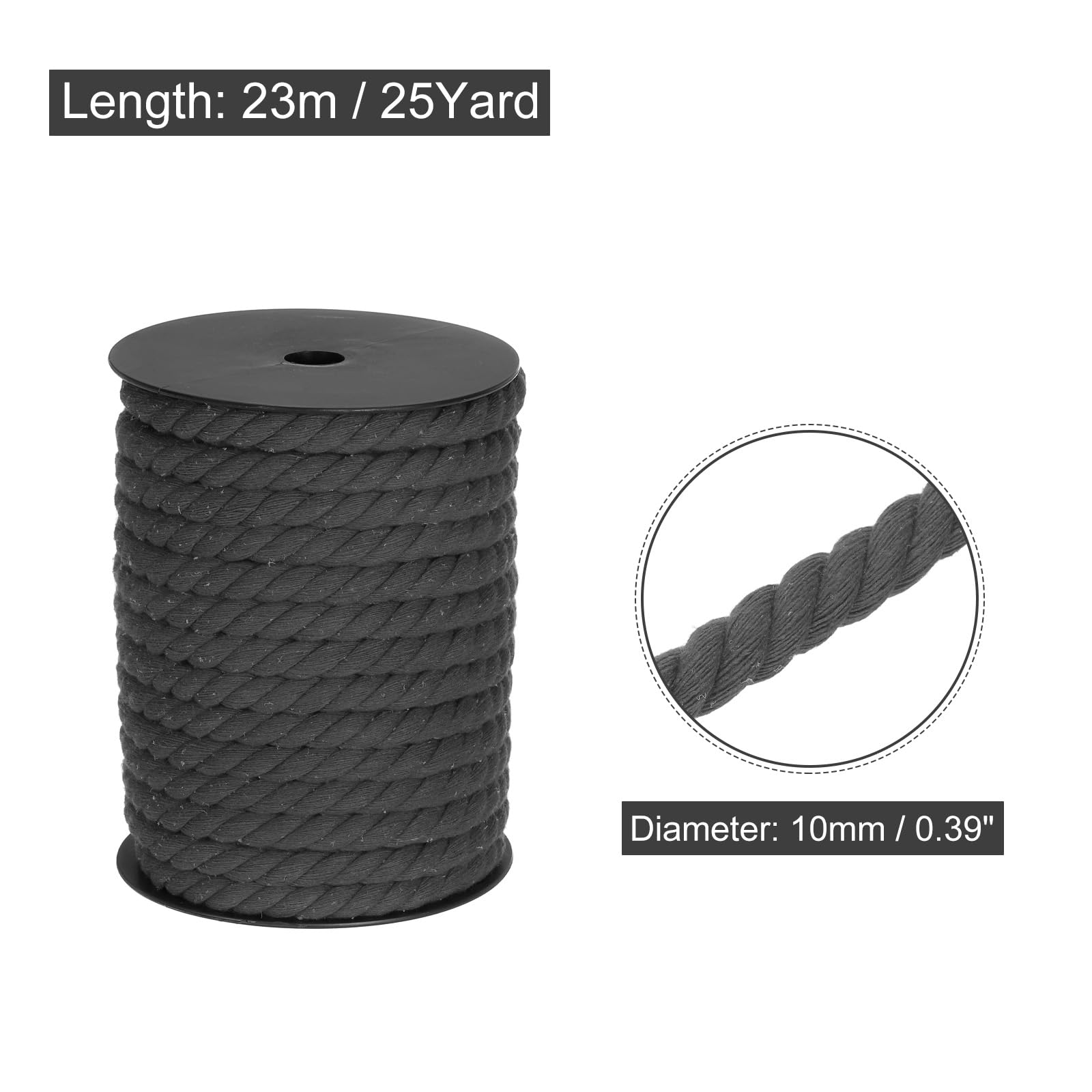 MECCANIXITY Cotton Rope 3 Strand Twisted Braided Rope Cord, Dark Gray 10mm x 75ft Craft Rope Cord Cotton for Wall Hanging, Plant Hanger, Knitting, Macrame Knotting