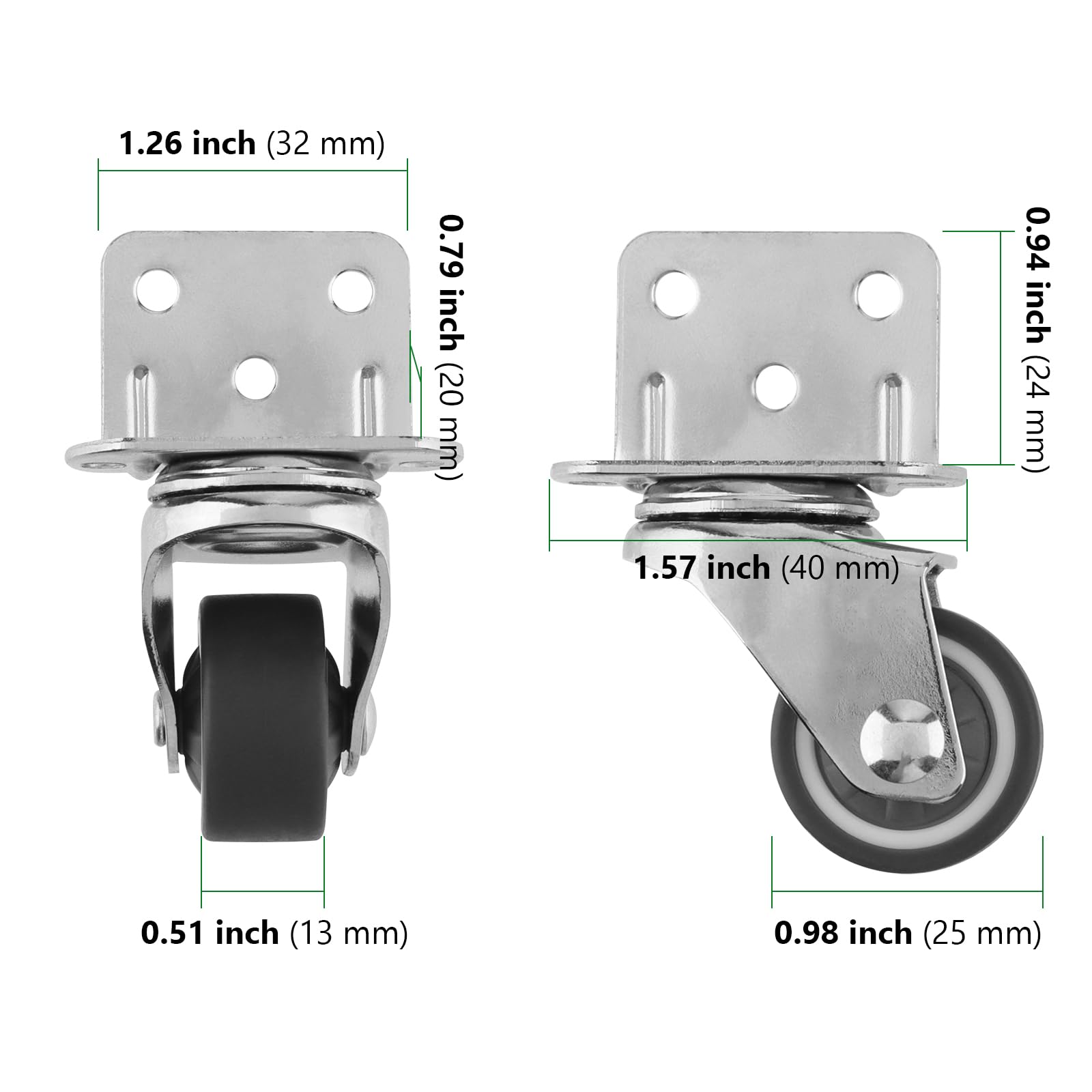 Lot de 4 Roulettes Pivotantes Pour Meubles, dont 2 avec Frein, Avec 20 vis, 25 mm Roue en Caoutchouc pour Chariot, Argentées