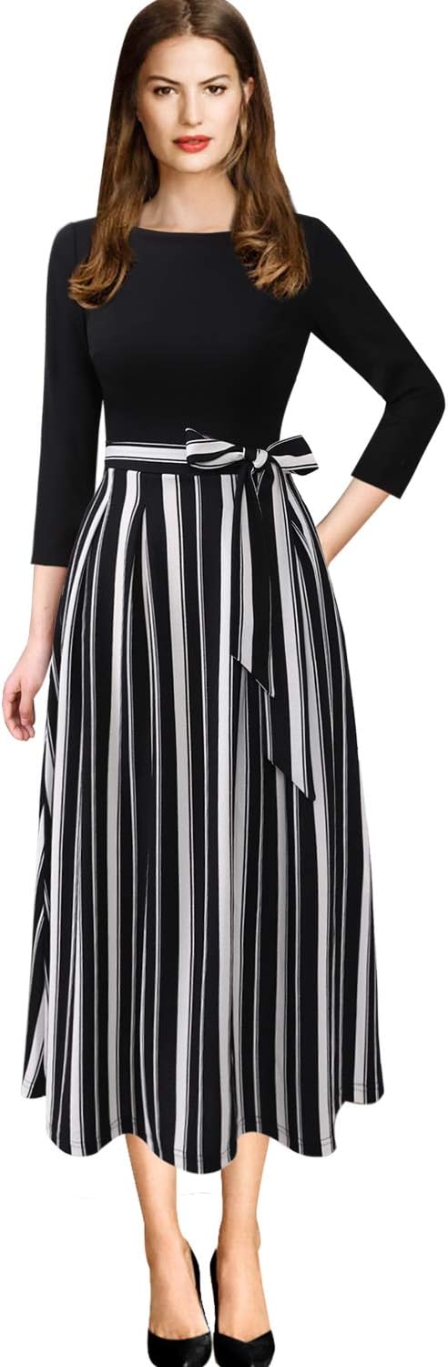 VFSHOW Womens Elegant Pockets Belted Work Business Office Casual Party Pleated A-Line Midi Dress - Image 2