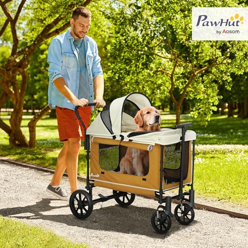 PawHut 2 in 1 Hundewagen Hundebuggy klappbar für Hunde & Katzen bis 30 kg Bollerwagen mit Kissen Netzfenstern 2 Türen Aufbewahrungstasche Katzenwagen Buggy Braun