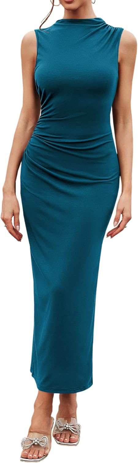 Bluetime Women's Ruched Bodycon Maxi Dresses Sleeveless Slim Fit Summer Dress Elegant Cocktail Slit Wedding Guest Dress