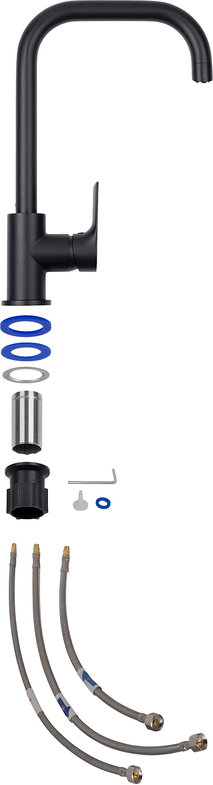 Cornat NERS52 - Grifo mezclador monomando para fregadero "Noir Round", edición negra, cuerpo fundido a presión, caño alto y giratorio, grifo de baja presión, grifo de cocina