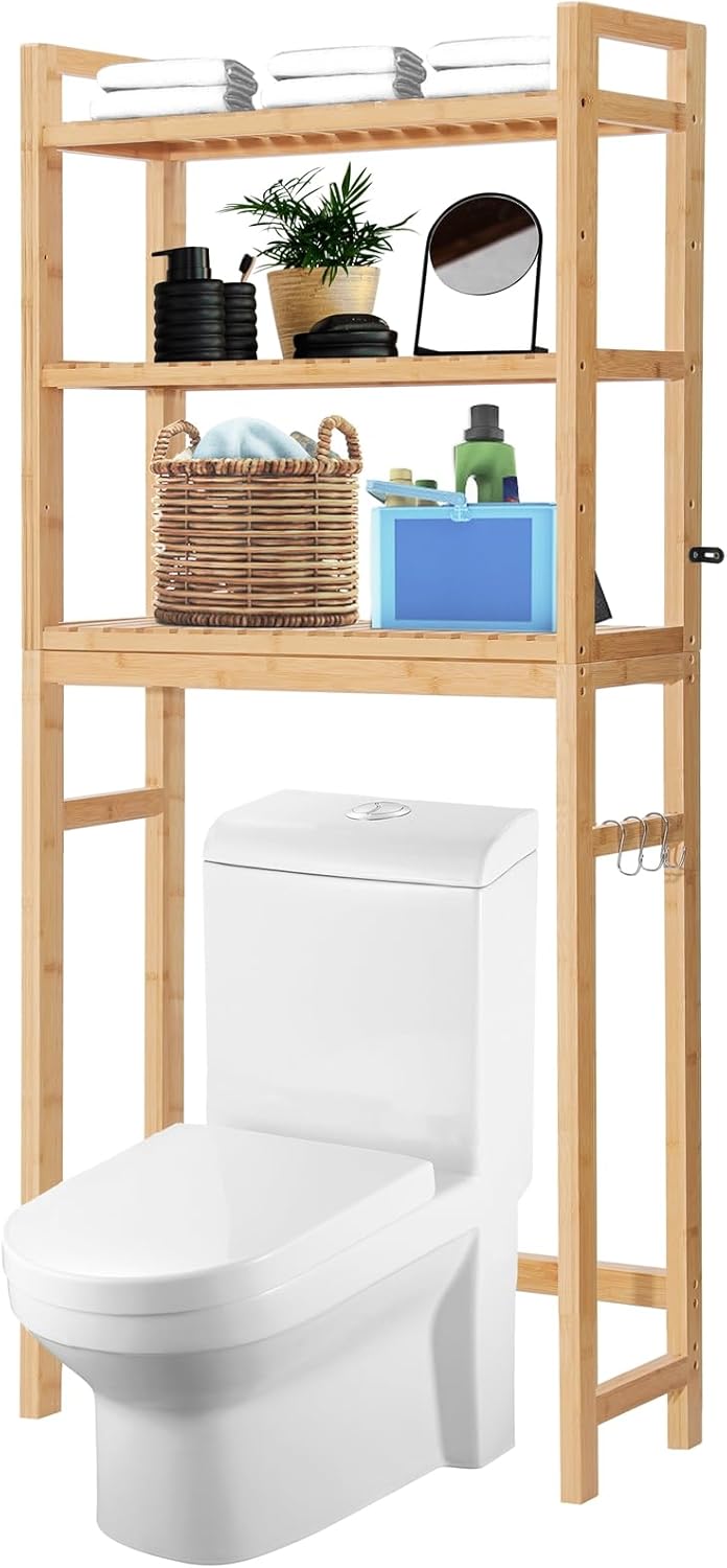 HITOMEN Over The Toilet Storage Cabinet, Bamboo Adjustable 3-Tier Above Toilet Shelf, Stable Freestanding Above Toilet Organizer with 3 Hooks for Bathroom Restroom Laundry Balcony, Natural 67" H