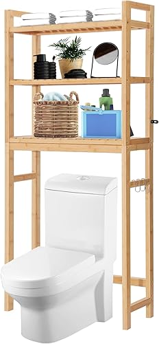 Miniatura 9 de HITOMEN Armario de almacenamiento sobre el inodoro, estante ajustable de bambú de 3 niveles sobre el inodoro, organizador estable independiente
