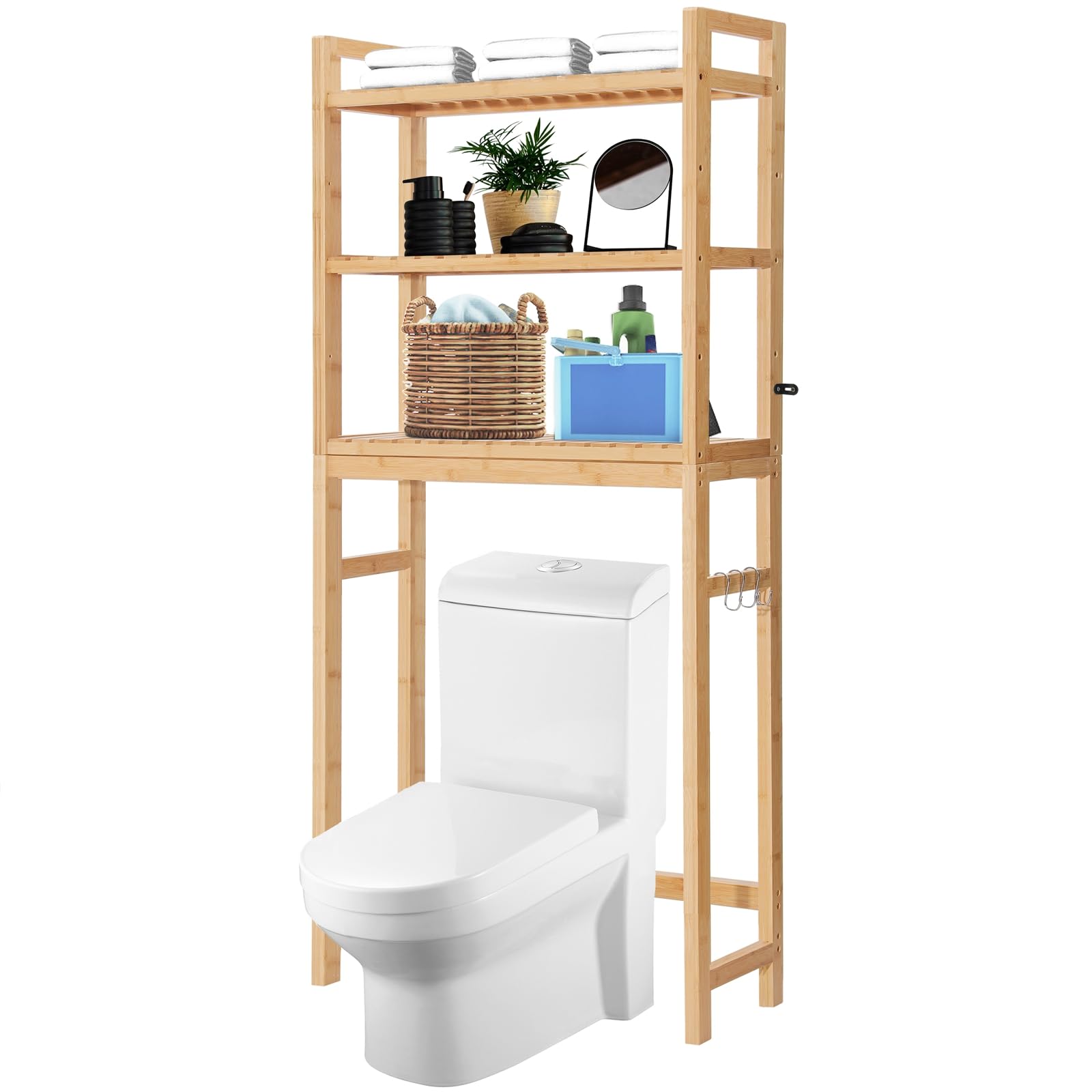 HITOMEN Over The Toilet Storage Cabinet, Bamboo Adjustable 3-Tier Above Toilet Shelf, Stable Freestanding Above Toilet Organizer with 3 Hooks for