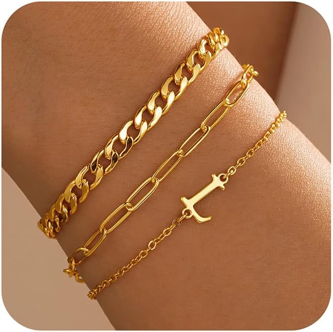 Turandoss Gold Bracelets for Women Trendy – Personalized Initial Dainty Stackable Gold Cuban Chain Paperclip Chain Bracelets Sets for Women Teen Girls