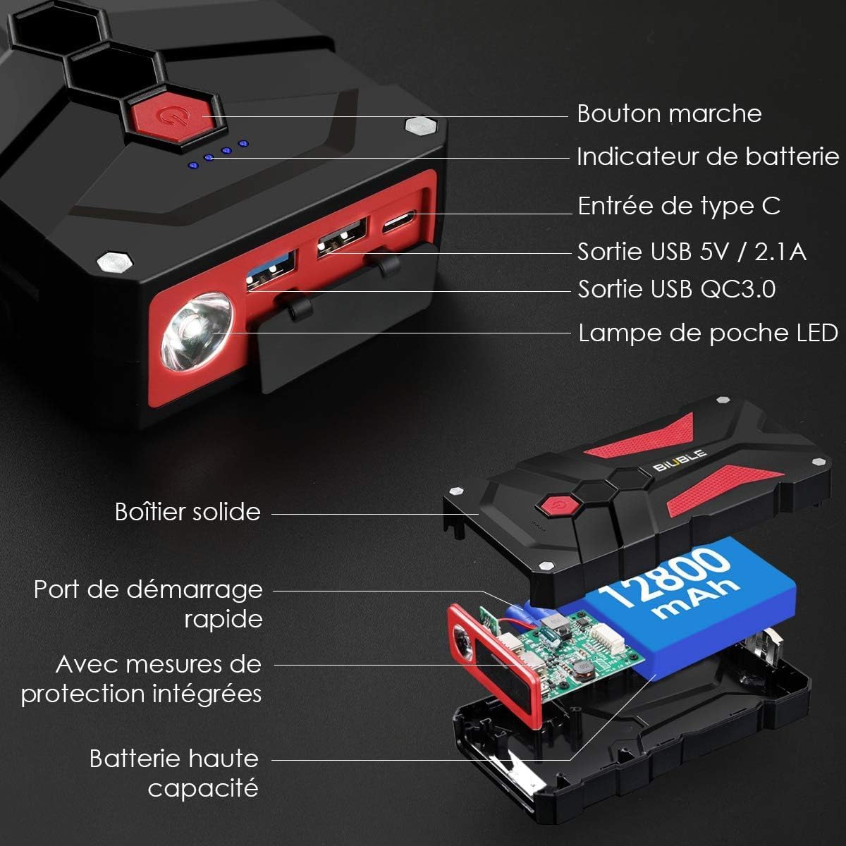 Booster Batterie Voiture 4000A, 12800mAh Démarreur de Voiture(Jusqu'à 7.0L Essence ou 5.5L Gazole), 12V Jump Starter avec Pinces de Sûreté Intelligentes, Lampe à LED, Marteau de Sécurité