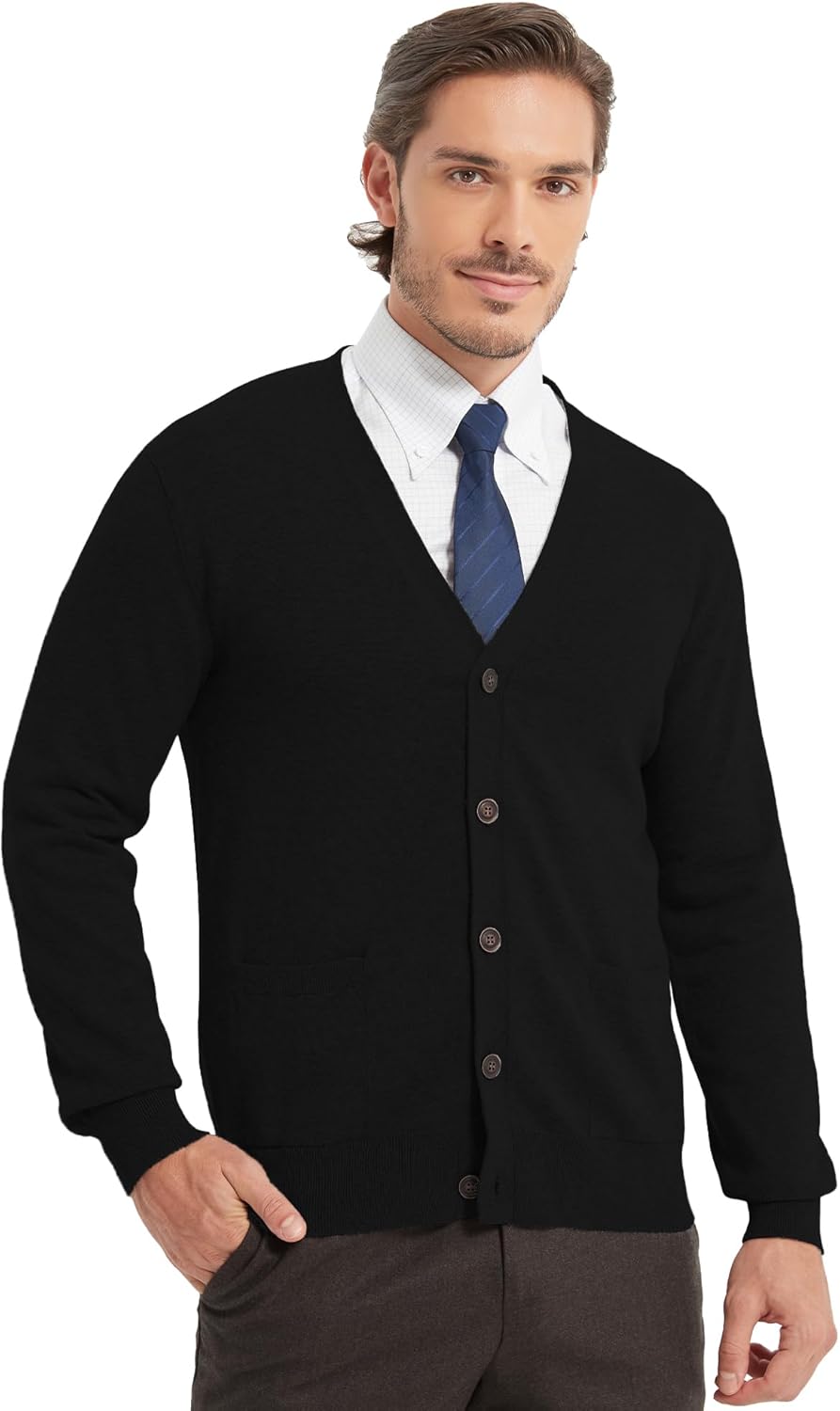 Kallspin Men’s Pure Cotton Cardigan Sweater V-Neck Button Down Cardigan Lightweight Knitwear with Pockets - Image 8