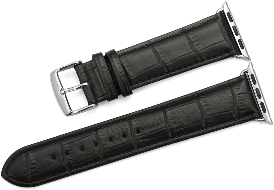 iStrap Alligator Grain Calf Leather Band for Apple Watch 44mm 40mm Series 6 5 4 3 2 1 Sport Edition - Black Brown Replacement Strap with Steel Buckle for iWatch 38mm 42mm