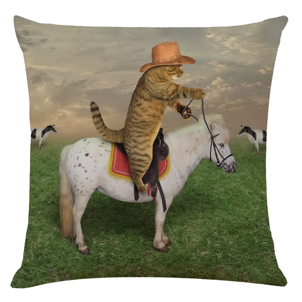 DCLINA Cat Cowboy Throw Pillow Cover，18 x 18 Inch Funny Cat Cowboy on a Horse Decorative Cotton Linen Cushion Pillow Case for Bed Sofa