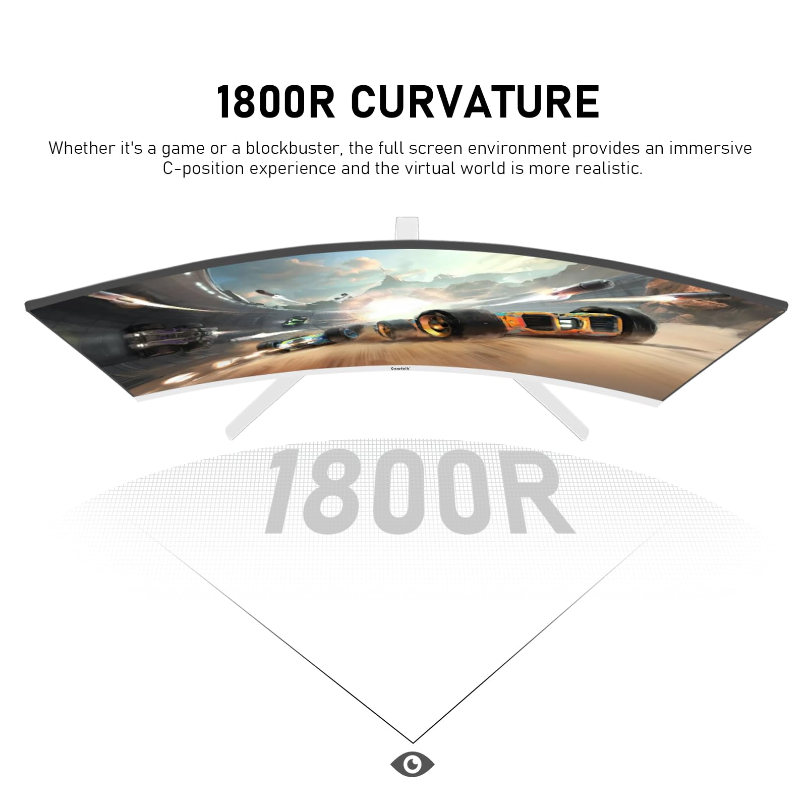 Gawfolk 27 Inch PC computer screen,1800R Curved Gaming 200Hz Monitors, FHD1080p,1ms,Built-in speaker, freesync, 98%sRGB,178 ° Angle View,HDMI DisplayPort, Compatible with Wall-Mounted 100*100MM-White — view 4