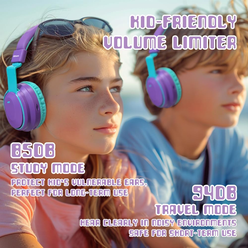 Mokata Casque Bluetooth sans fil pour enfants, volume limité, 85/110 dB, pliable, avec câble Shareport, câble auxiliaire 3,5 mm, microphone pour iPad, ordinateur portable, garçon, fille, voyage,