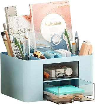 Desk Organiser with Drawer, Large Capacity Desktop Pen Holder Caddy Office Supplies Organiser Stationary Accessories Storage Box Blue